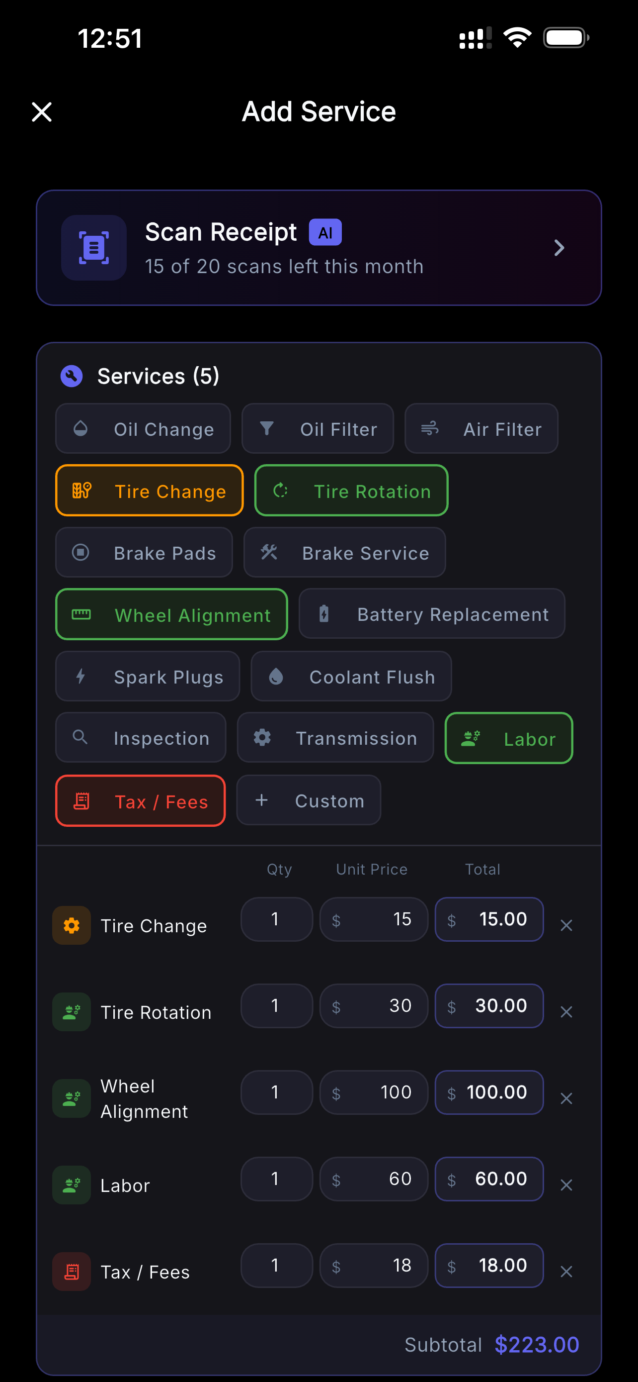 VehIQ Add Service — detailed line items with Tire Change, Rotation, Alignment and more