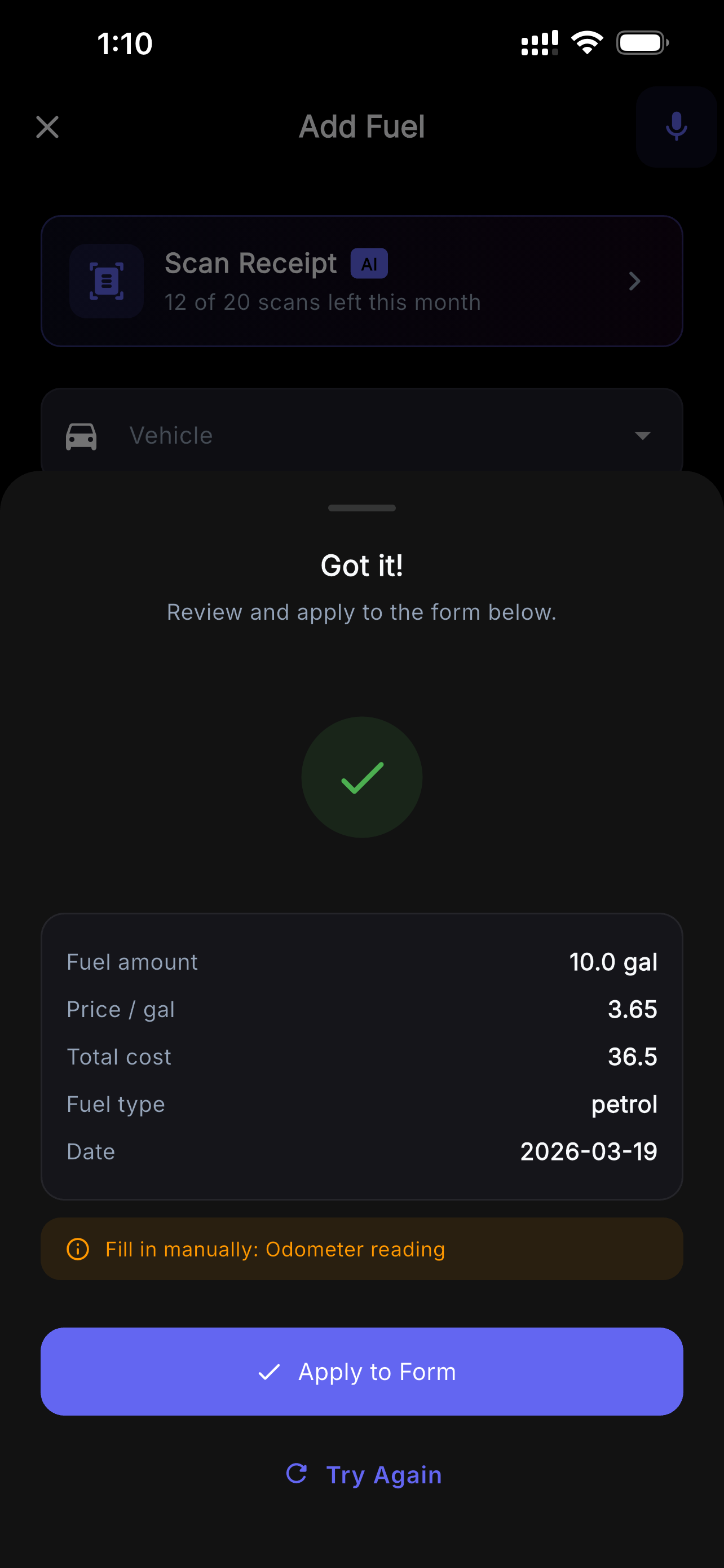 VehIQ AI Receipt Scan — instant fuel data extraction