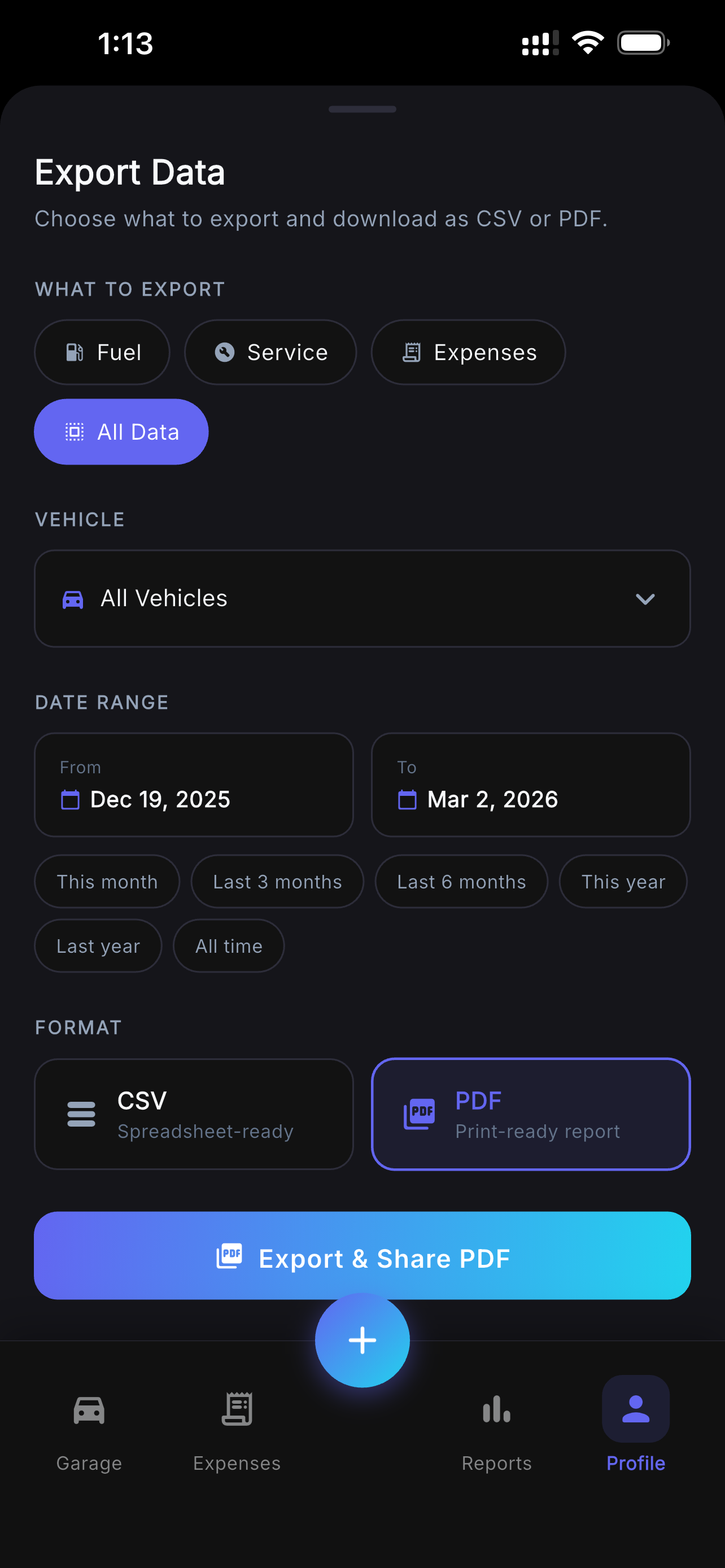 VehIQ Export Data — choose CSV or PDF
