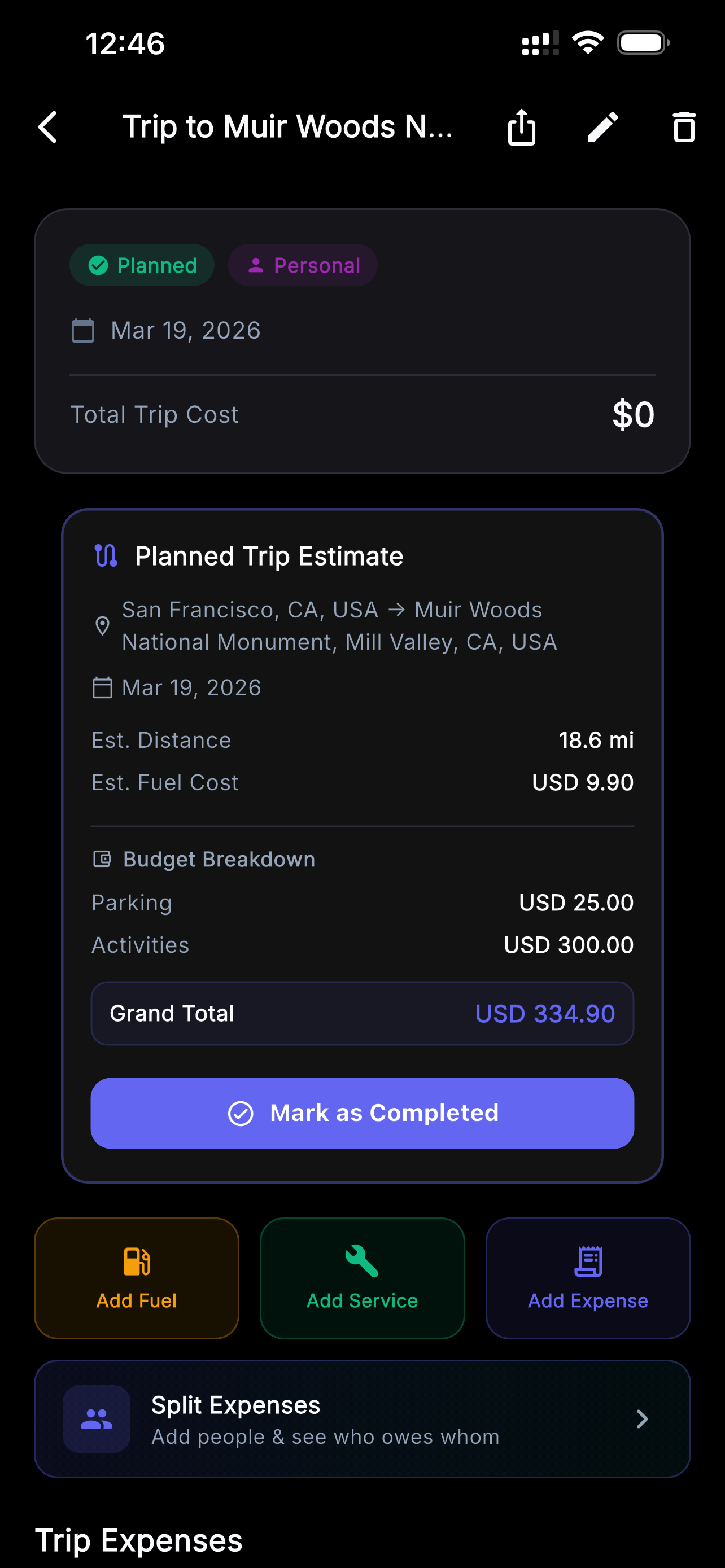 VehIQ Trip detail — Muir Woods planned trip with split expenses